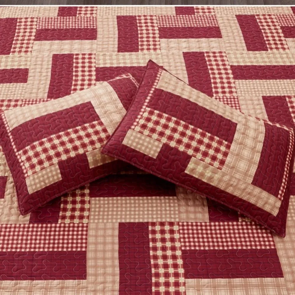 Farmhouse Primitive Burgundy Star Plaid Printed King Quilt Set Cottagecore